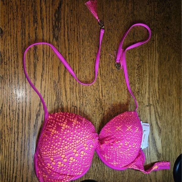 NWOT BONGO Junior M Bikini Top “Coachella Cool” Pink/Orange Crochet Halter Swim - Picture 5 of 6